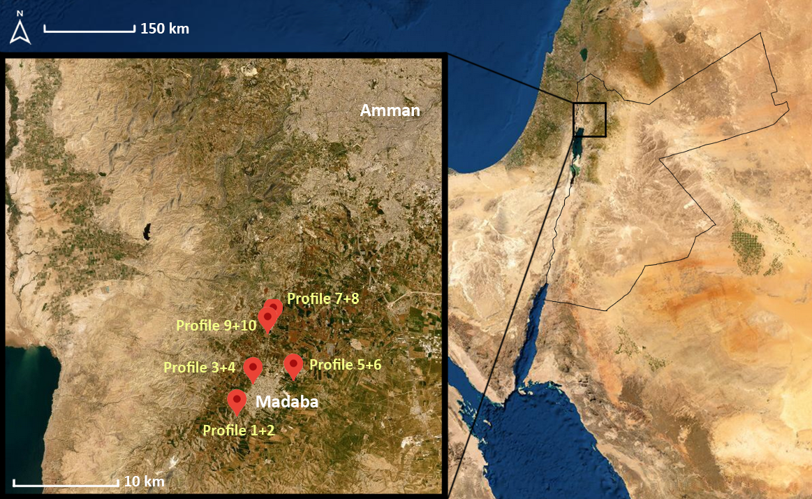 Study areas in Jordan, source: https://www.openstreetmap.org/edit#map=11/31.8184/35.9325,  Open Database license (ODbL) 1.0